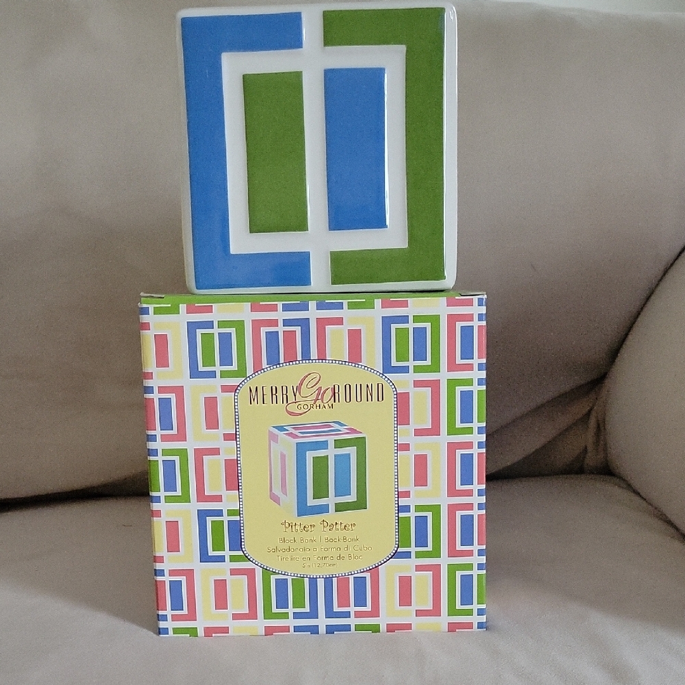 Gorham Geometric Ceramic Box in Blue and Green kid bank